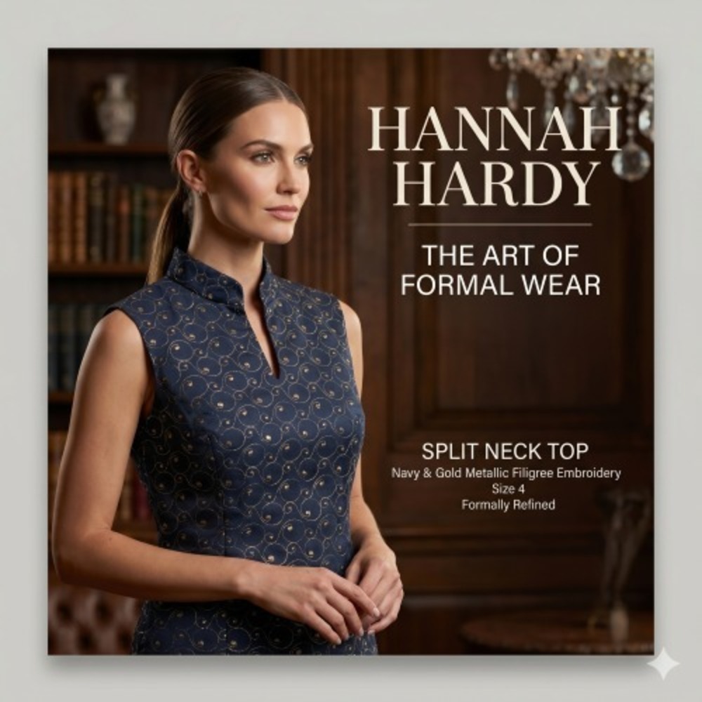 Hannah Hardy Split Neck Top Size 4 Navy Gold Metallic‎ Embroidery Formal Dressy